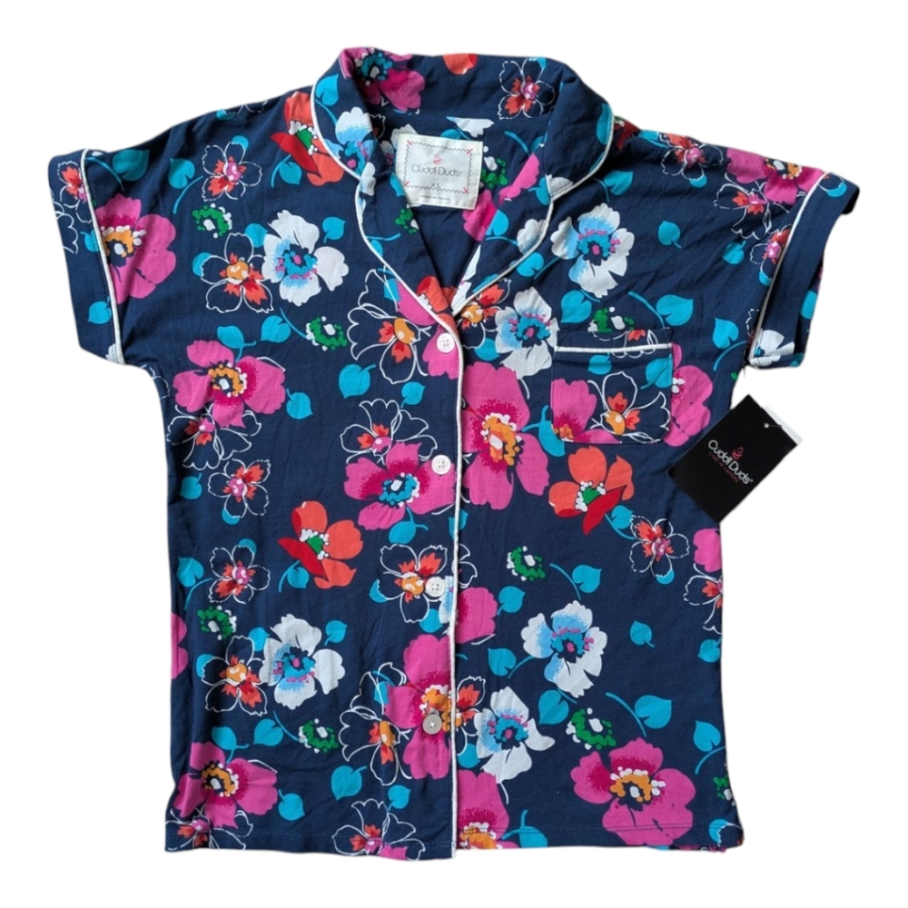 Cuddl Duds PJ Top Blue Floral Button Down Short Sleeve Women's Size XS NWT